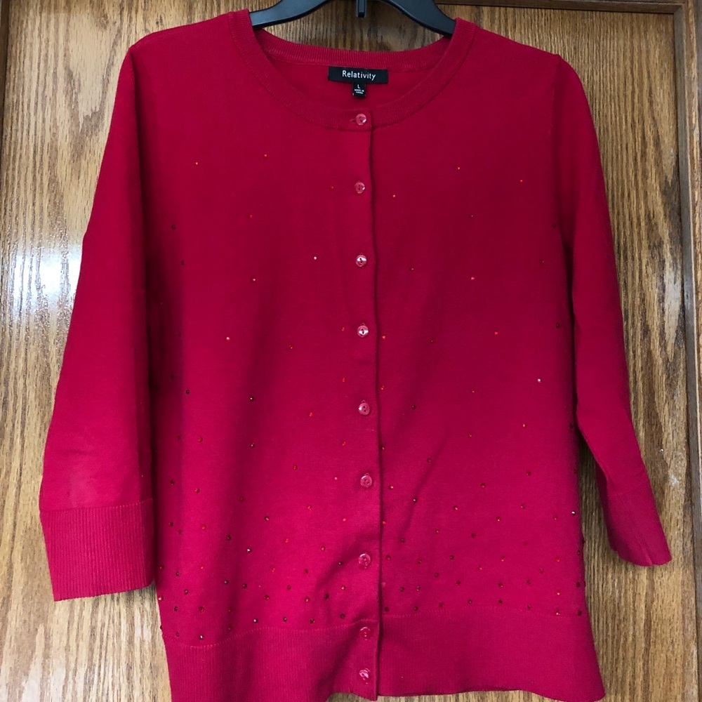 Red Sequin Button Down Sweater - image 2